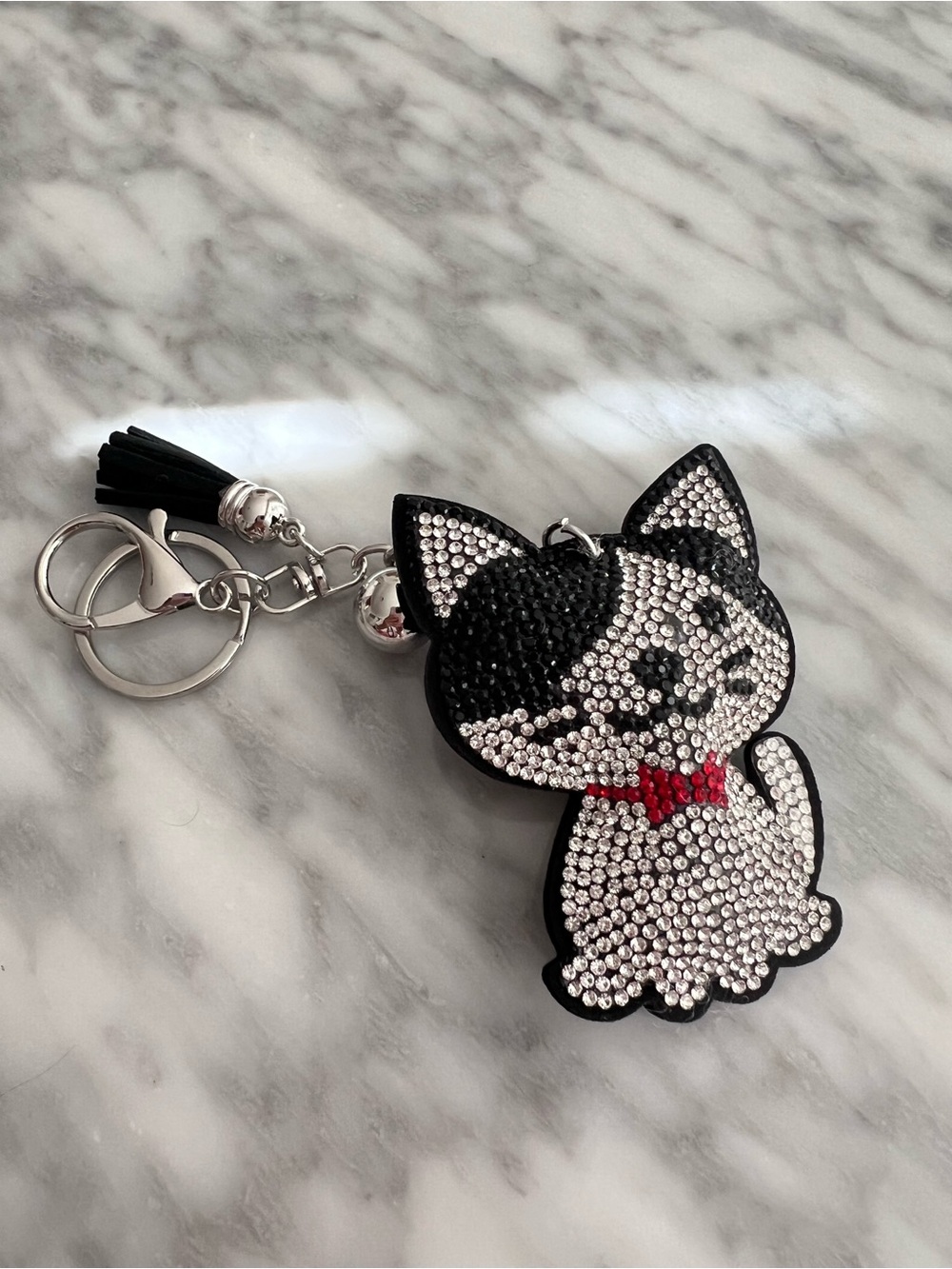 NWOT Sparkling Black & White Cat Keychain Charm with Red Bow